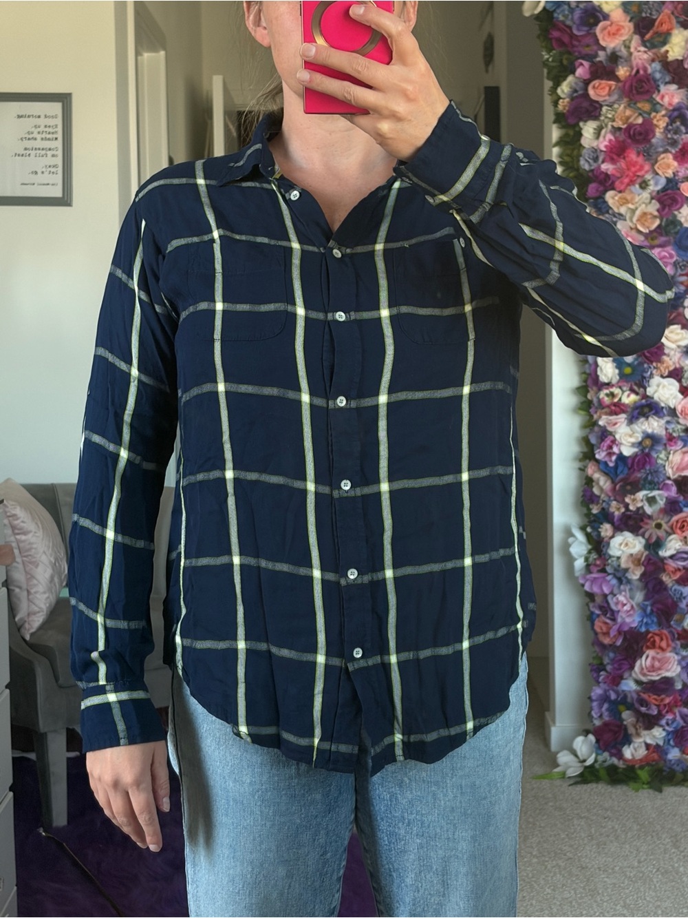 Women’s Navy Plaid Button-Up Shirt